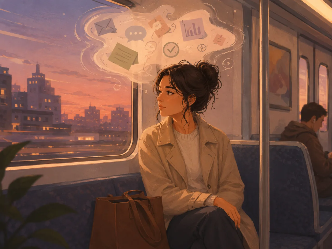 黄昏の電車で窓の外を見ながら、仕事や人生の進み方について考える人