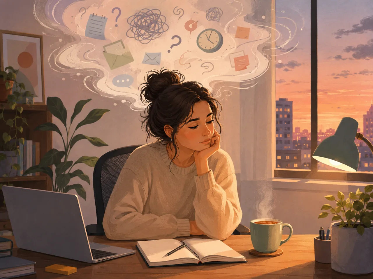 A warm evening illustration of a person thinking through messages, tasks and unanswered questions