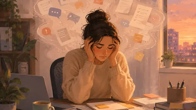書類やメモに囲まれた机で疲れている人。お金や将来への不安を表す情景