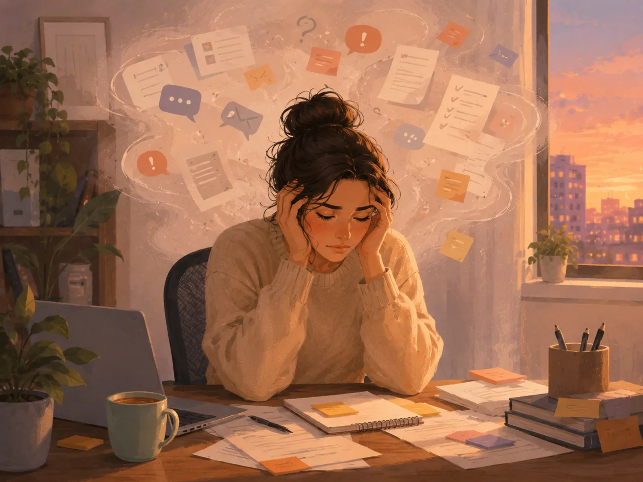해 질 무렵 책상 앞에서 업무와 미래에 대한 여러 생각으로 지친 사람