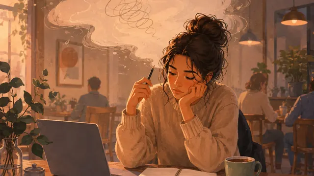 温かいカフェでノートとパソコンを前に手が止まる人。完璧主義と始めにくさを表す情景