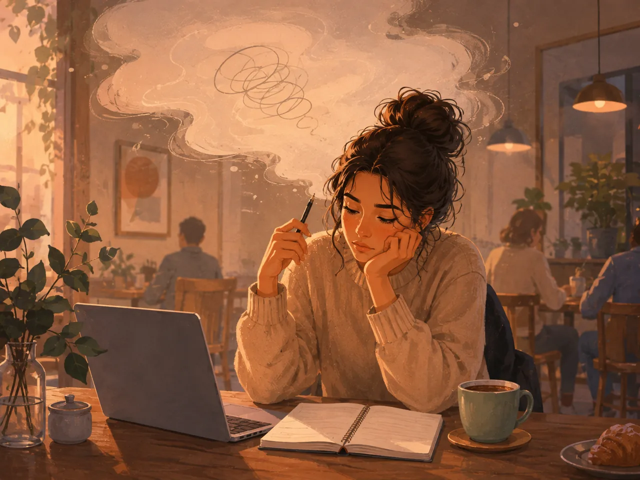 温かいカフェでノートとパソコンを前に手が止まる人。完璧主義と始めにくさを表す情景